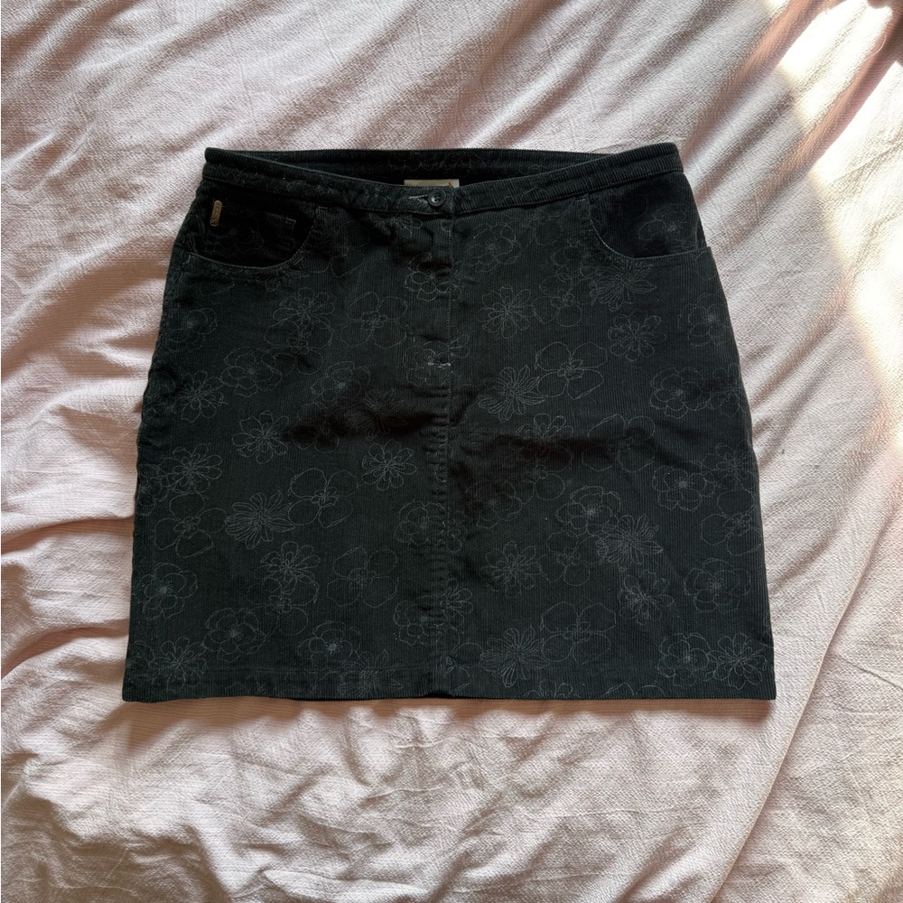 Mini Black Corduroy Skirt with grey floral pattern